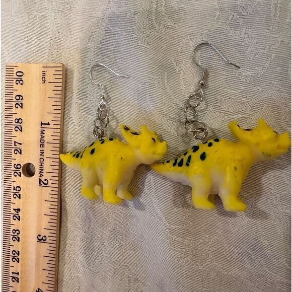 Earrings Pierced Dinosaur Silver Dangly Exaggerated Handmade Costume Jewelry - Picture 3 of 8